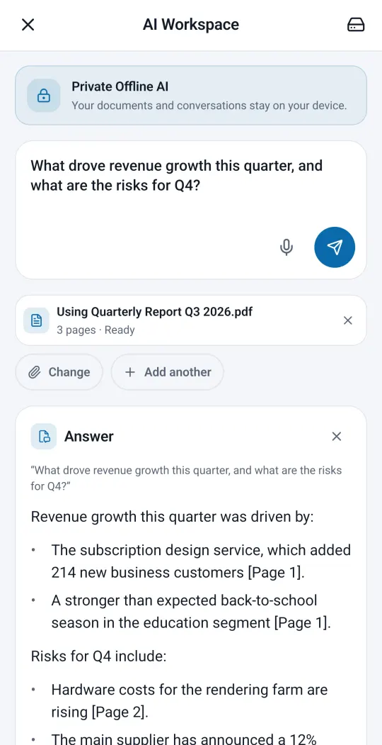 AI Workspace answering a question about a quarterly report