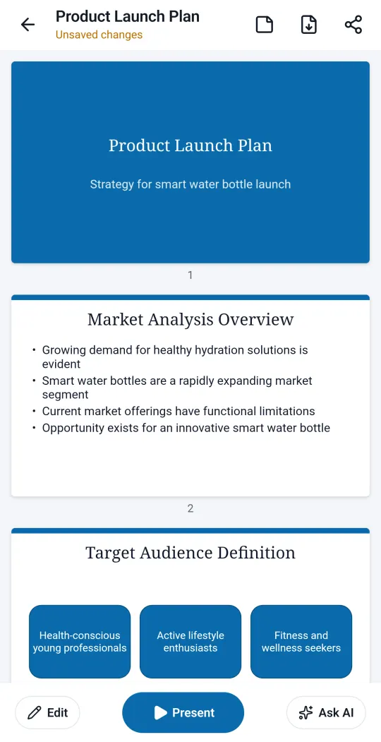 A generated slide deck titled Product Launch Plan