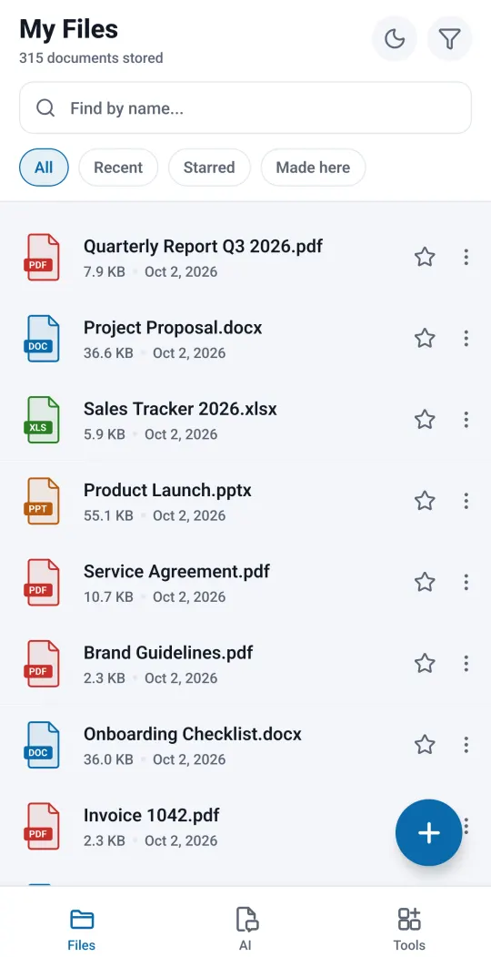 My Files: PDF, Word, Excel and PowerPoint files in one list