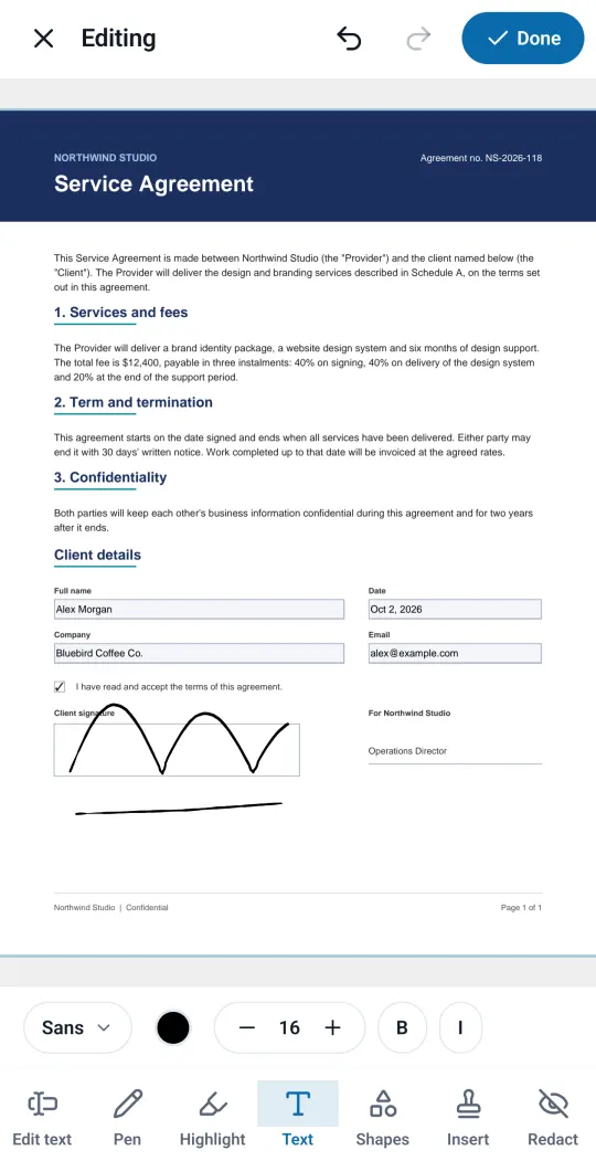 A service agreement with filled-in fields and a drawn signature