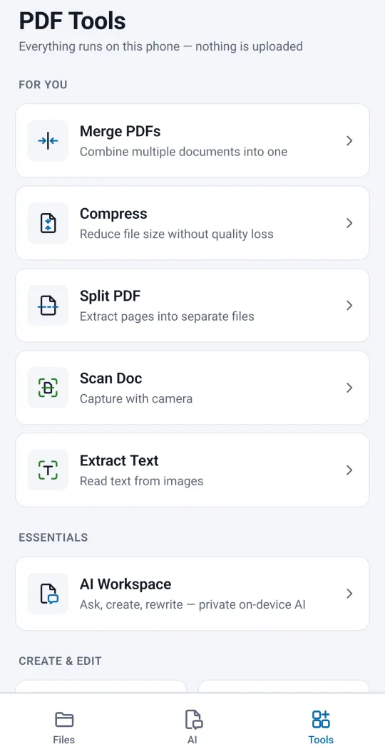 PDF Tools list: merge, compress, split, scan and extract text