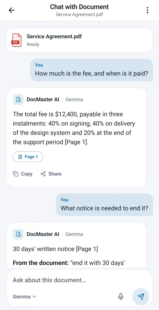 Chat with Document: answers about a service agreement, each citing Page 1