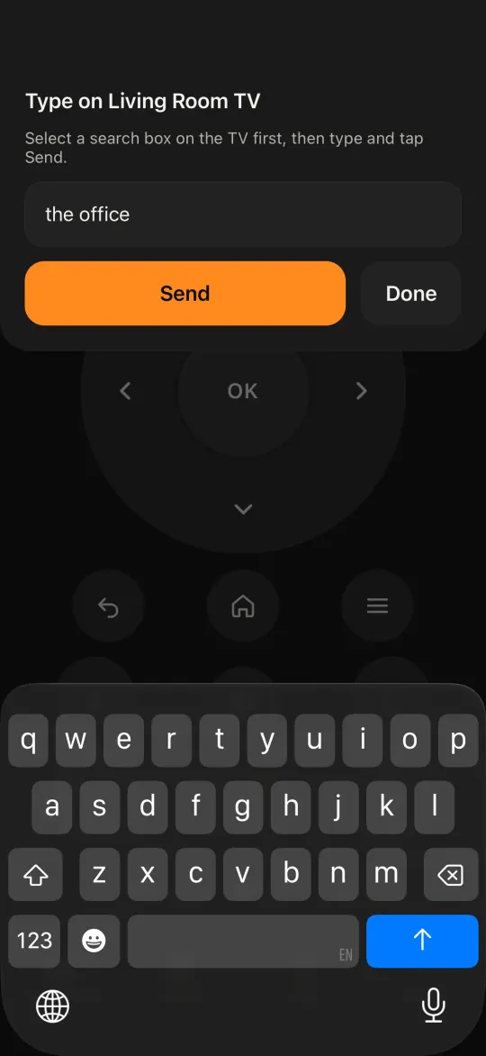 Typing a search on the TV with the phone keyboard